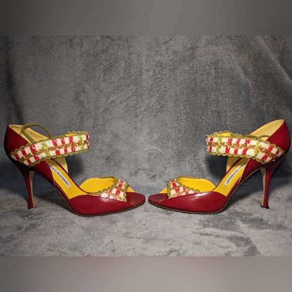 Manolo Blahnik Red and Yellow Strapped Heels - Picture 5 of 10